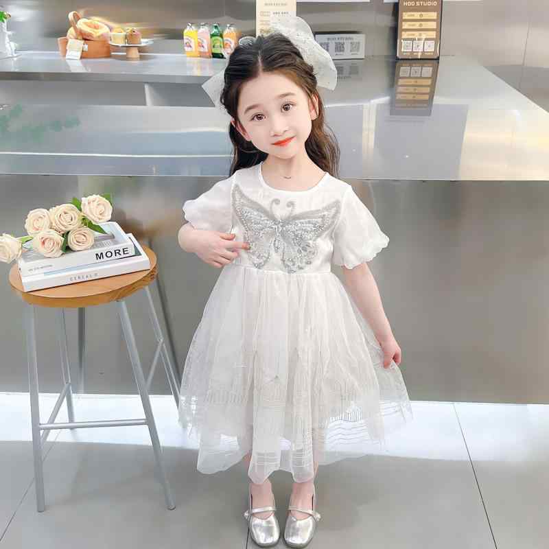 ワンピース キッズ 女の子 子供服 蝶々柄 チュール プリンセスドレス 半袖 ホワイト 春夏 発表会 舞台..