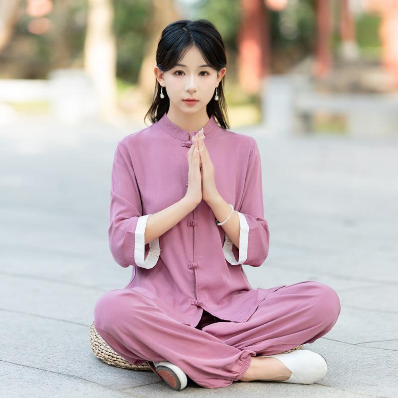セットアップ レディース 春夏 チャイナ風 太極拳服 禅服 リネン 麻混 接触冷感 2点セット ヨガ ピラティス 体操 部屋着 ルームウェア おしゃれ 紫 白 紫 白 紫 紫