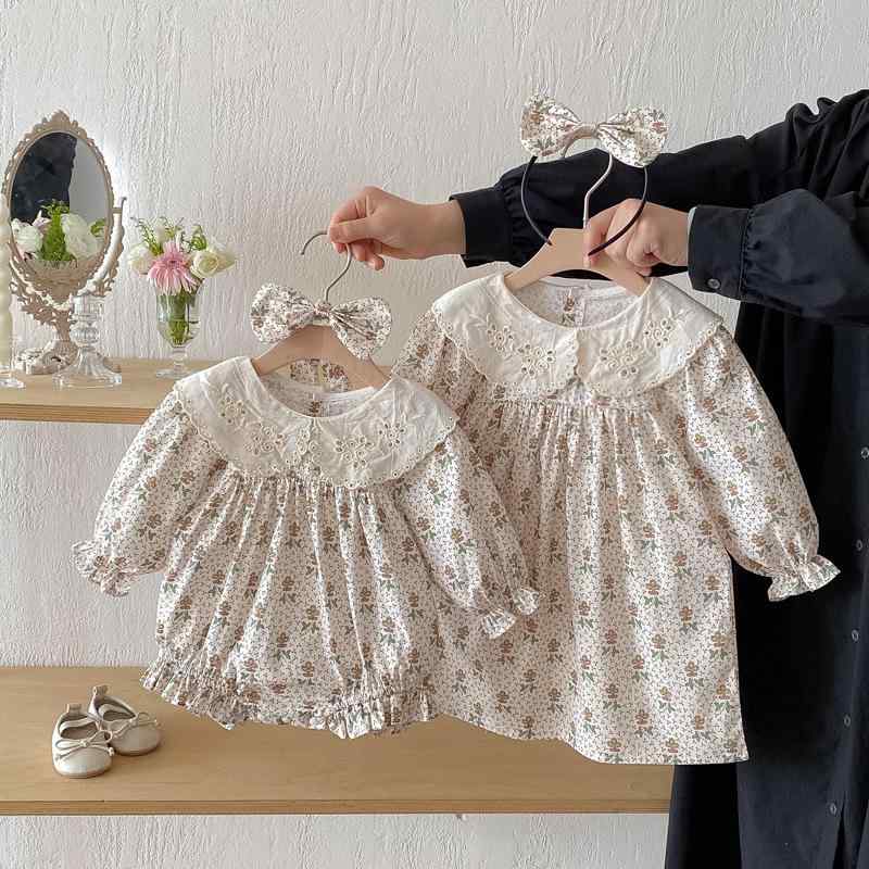 ベビー 女の子 秋冬 ロンパース カバーオール 小花柄 長袖 レース ワンピース ドレス プリンセス かわいい 綿100% コットン お出かけ 普段使い 姉妹 お揃い 赤ちゃん服