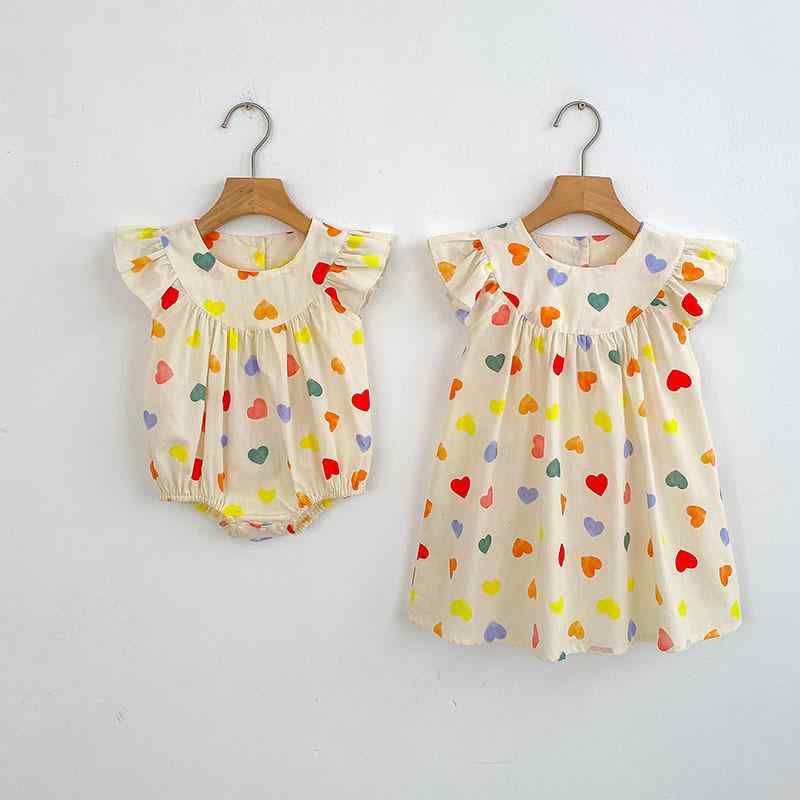 ベビー キッズ 女の子 夏 ワンピース ロンパース カラフル ハート柄 フリル袖 かわいい プリンセス風 A..