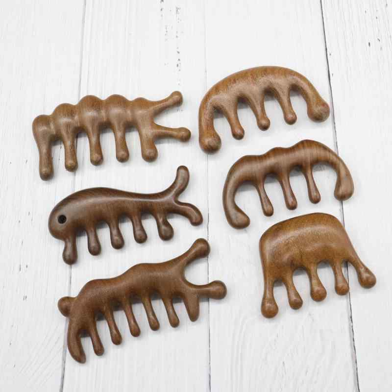 マッサージコーム 金糸檀木製 頭皮ケア 経絡ケア 5本歯 丸型ヘッド 全身対応 ツボ押し 指圧 血行促進 ..