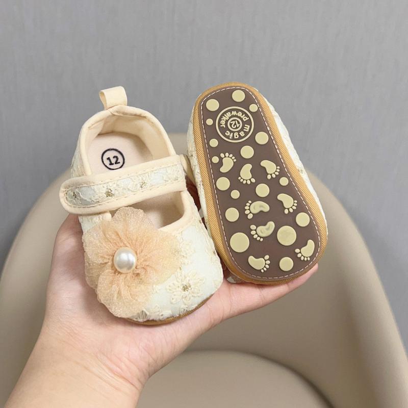 ベビーシューズ 女の子 春夏 0-1歳 柔らか底 脱げにくい コットン布製 プリンセス風 滑り止め 通気性 面ファスナー よちよち歩き 杏色 ..