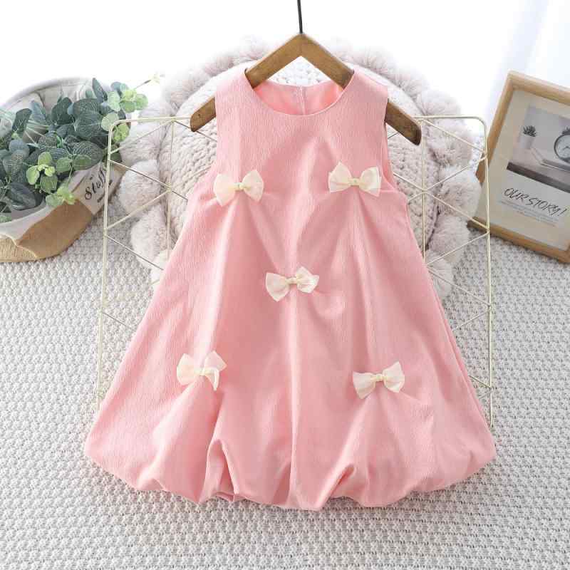 ワンピース 女の子 韓国風 夏物 リボン ノースリーブ 無地 スイート おしゃれ ポリエステル フレア Aラ..