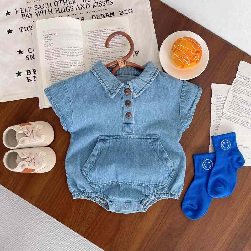 ロンパース ベビー 男の子 女の子 韓国風 半袖 デニム カバーオール 夏 サマー 綿 カジュアル かわいい 普段使い お出かけ着