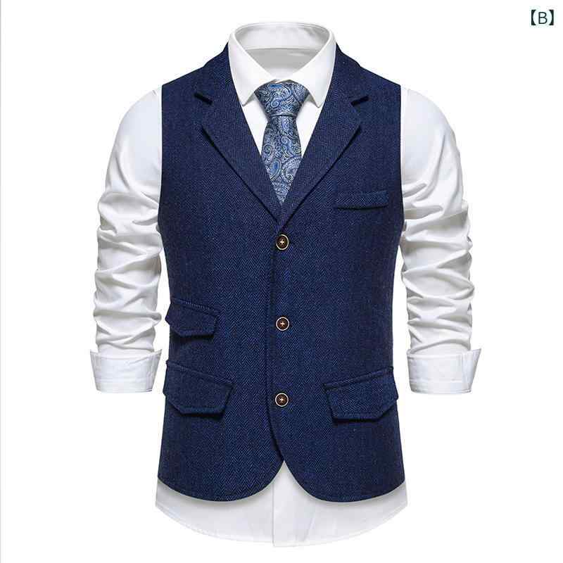 ベスト メンズ ブリティッシュスタイル レトロ ヘリンボーン ツイード ジレ マルチポケット ゆったり ルーズフィット ビジネス オフィス 重ね着 形態安定 ポリエステル混紡 秋冬