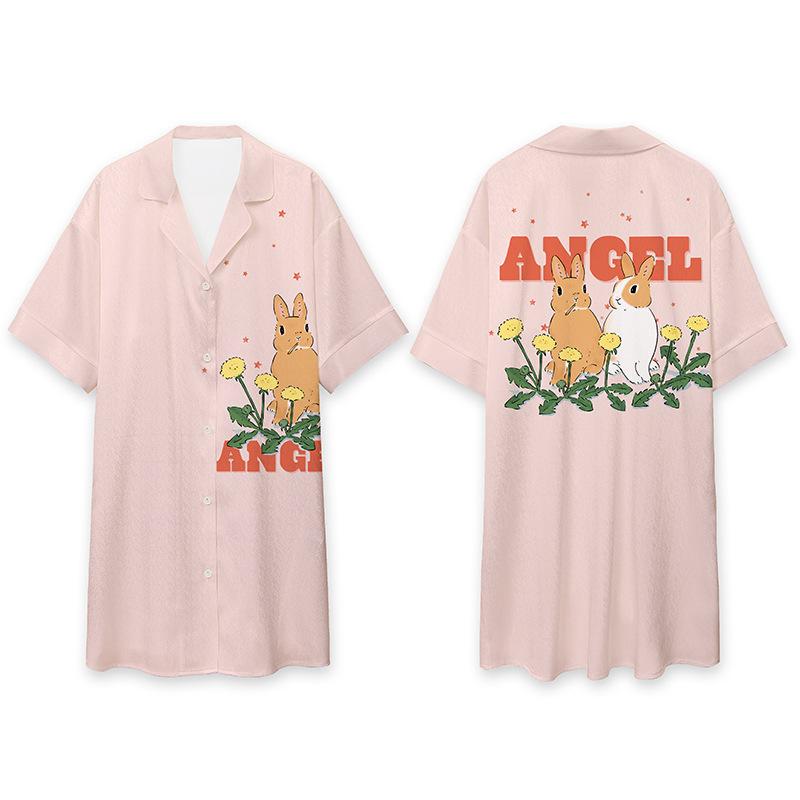 ルームウェア レディース 女性用 夏 前開き ワンピース キャラクター ヘリンボーン柄 かわいい ゆったり 大きいサイズ ミディ丈 ポリエステル 涼しい 快適 パジャマ ネグリジェ 部屋着