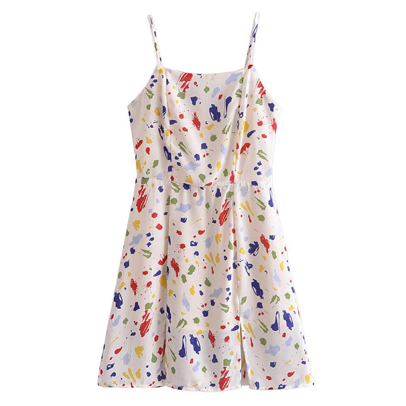 Dresses - ワンピース レディース フレンチレトロ セクシー エレガント ドット柄 シフォン キャミソール スリット ミニ丈 Aライン ハイウエスト ウエストマーク 通勤 春夏秋