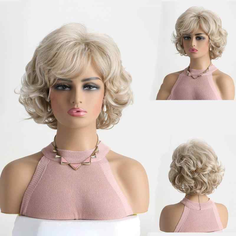 ウィッグ レディース 女性用 欧米風 斜め前髪 ショートカール ショートパーマ ふんわり ボリューム感 高温糸 人工毛 アッシュブロンド 明るい金髪 フルウィッグ かつら