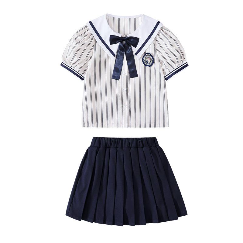 セットアップ キッズ 半袖シャツ 半袖 シャツ ハーフパンツ プリーツスカート 2点セット ストライプ柄 コットン素材 吸汗速乾 快適 柔らかい 通学 通園 発表会 制服 フォーマル 学院風 トラッドスタイル 男女兼用