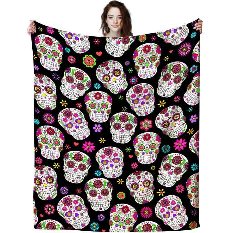 ブランケット 男女兼用 スカル ドクロ柄 フランネル ポリエステル 柔らかふわふわ あったか保温 プリント柄 オールシーズン おしゃれ インテリア リビング 寝室