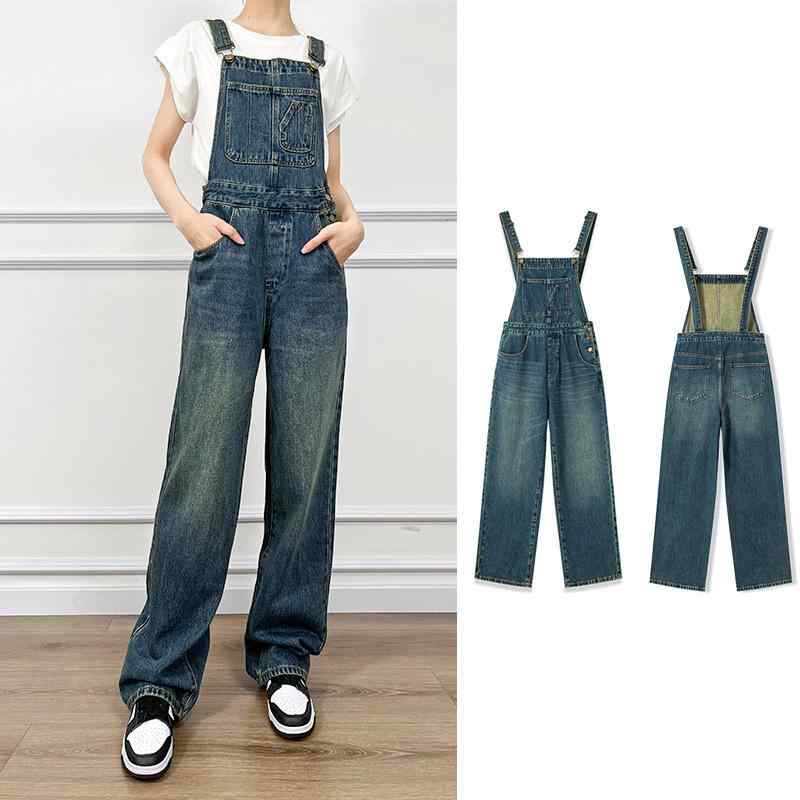 サロペット レディース 女性用 オーバーオール ハイウエスト ストレート デニム ジーンズ ワークテイスト カジュアル ストリート 欧米スタイル ウォッシュ加工 コットン ブルー 春夏 普段使い 着回し