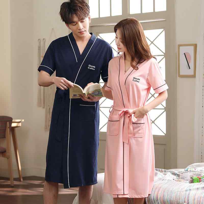 バスローブ カップル ペア メンズ レディース 夏 薄手 軽量 半袖 Vネック ミドル丈 ロング丈 綿素材 パジャマ ルームウェア ナイトガウン 通気性 涼しい 快適 部屋着 寝間着