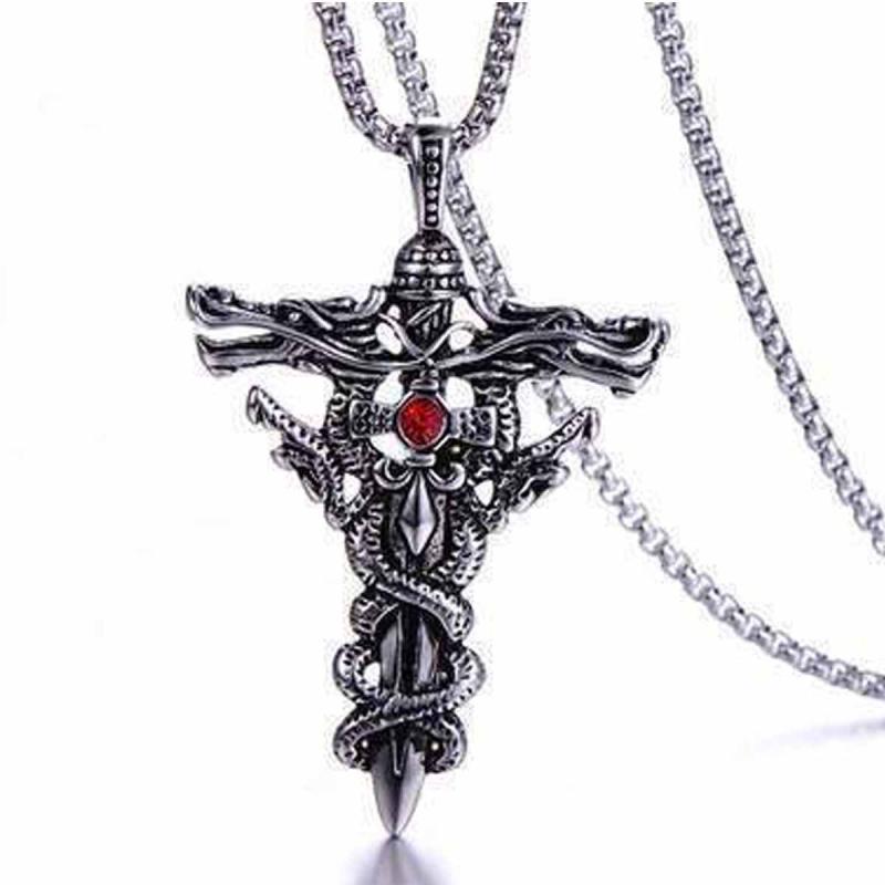 ネックレス ユニセックス 双龍剣 ペンダント クロス 亜鉛合金 シルバー レトロ パンク ロック ラッキーアイテム 個性的 カジュアル ストリート クール 電気メッキ加工