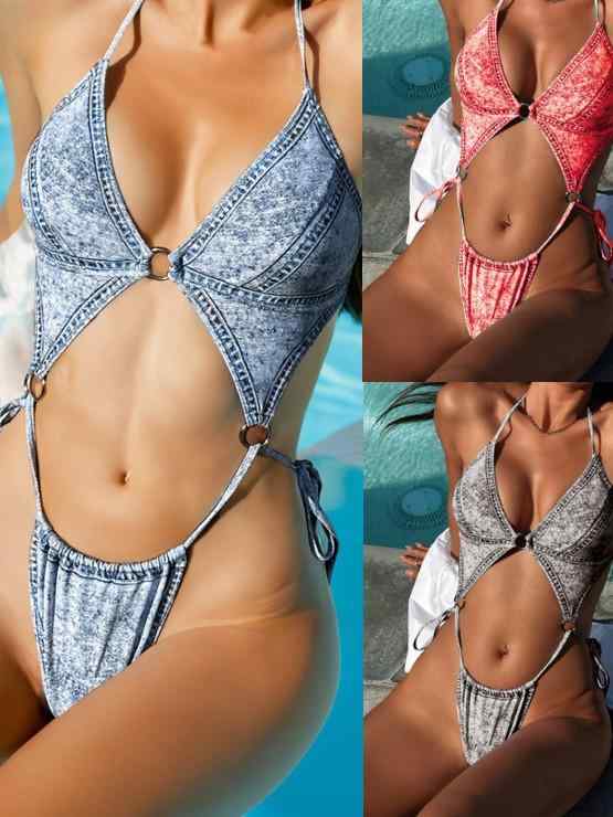 水着ビキニ検索結果｜水着 レディース ワンピース モノキニ デニムプリント柄 セクシー ストラップ タイ...