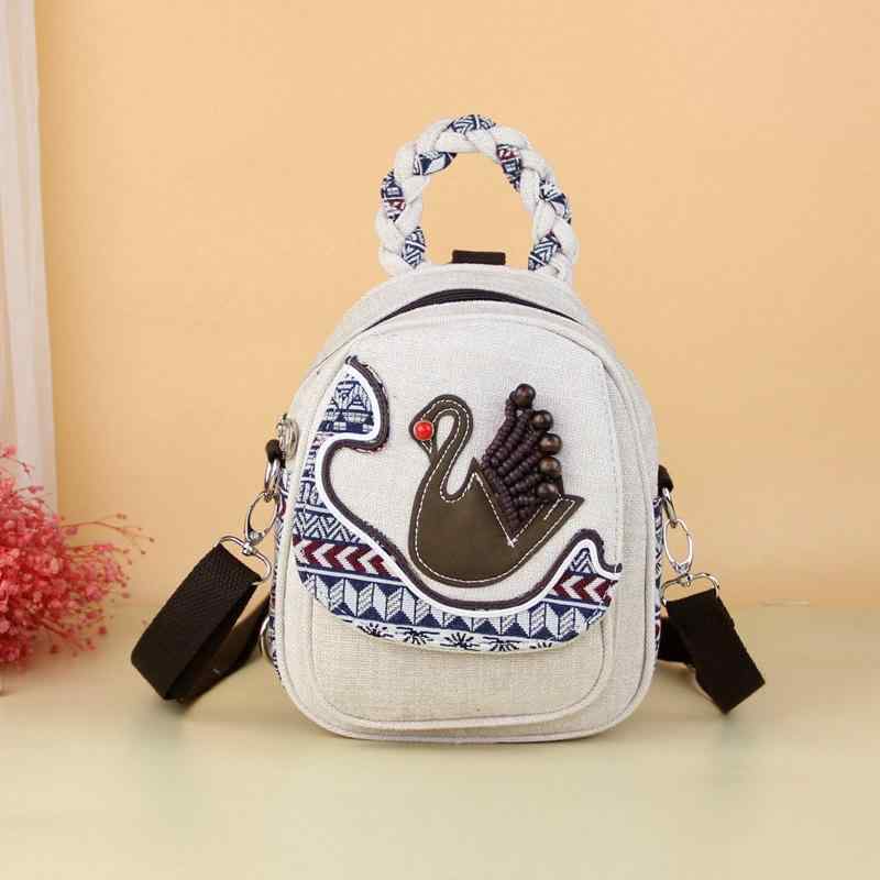 バッグ レディース レトロ 民族風 ミニ リュックサック ショルダーバッグ 布製 手編み 編み込み スワンモチーフ デイリーユース 普段使い お出かけ 旅行 麻混紡 ポリエステル裏地 ファスナー開閉 内ポケット コンパクト カジュアル ナチュラル