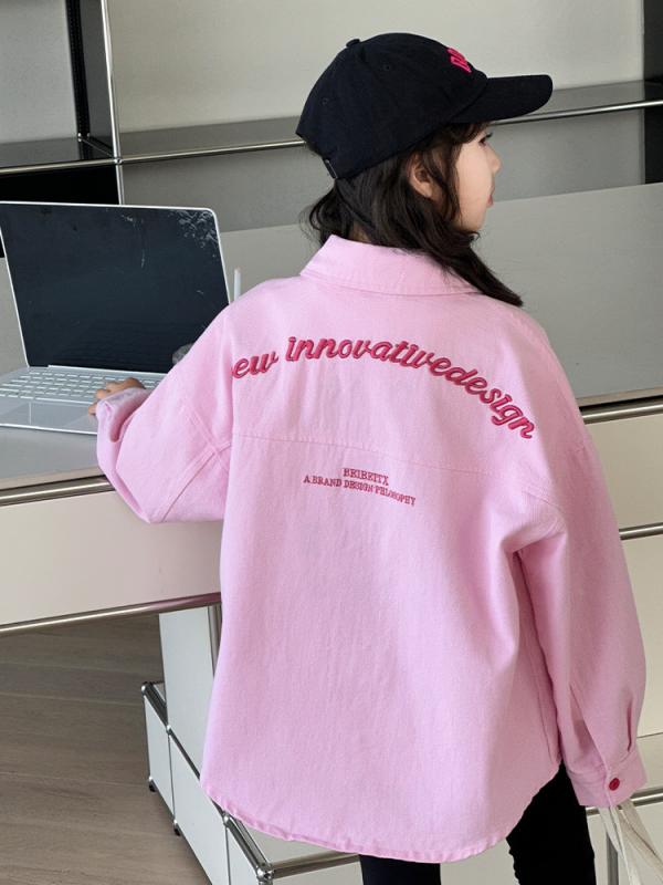 デニムジャケット キッズ ジュニア ガールズ 長袖 コットン 綿 英字刺繍 ロゴ ゆったり オーバーサイズ ビッグシルエット 襟付き 柔らか加工 韓国風 春秋 ピンク カジュアル おしゃれ