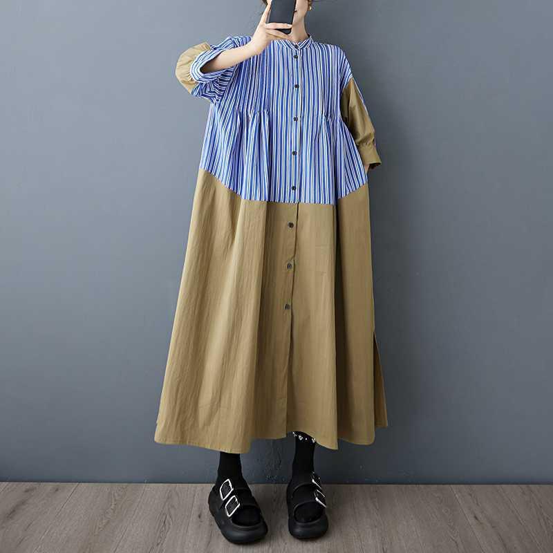 ワンピース レディース レトロ ゆったり 大きいサイズ ストライプ 切り替え バイカラー シャツワンピース Aライン ミディ丈 スタンドカラー 七分袖 灯籠袖 綿混 春夏 ブルー