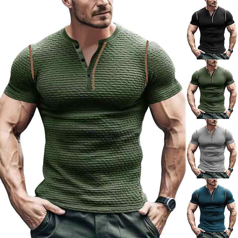 Tシャツ メンズ 半袖 スポーツ トレーニング フィットネス スリムフィット マッスルフィット ヘンリーネック 吸湿速乾 通気性 薄手 夏 カジュアル ポリエステル混紡