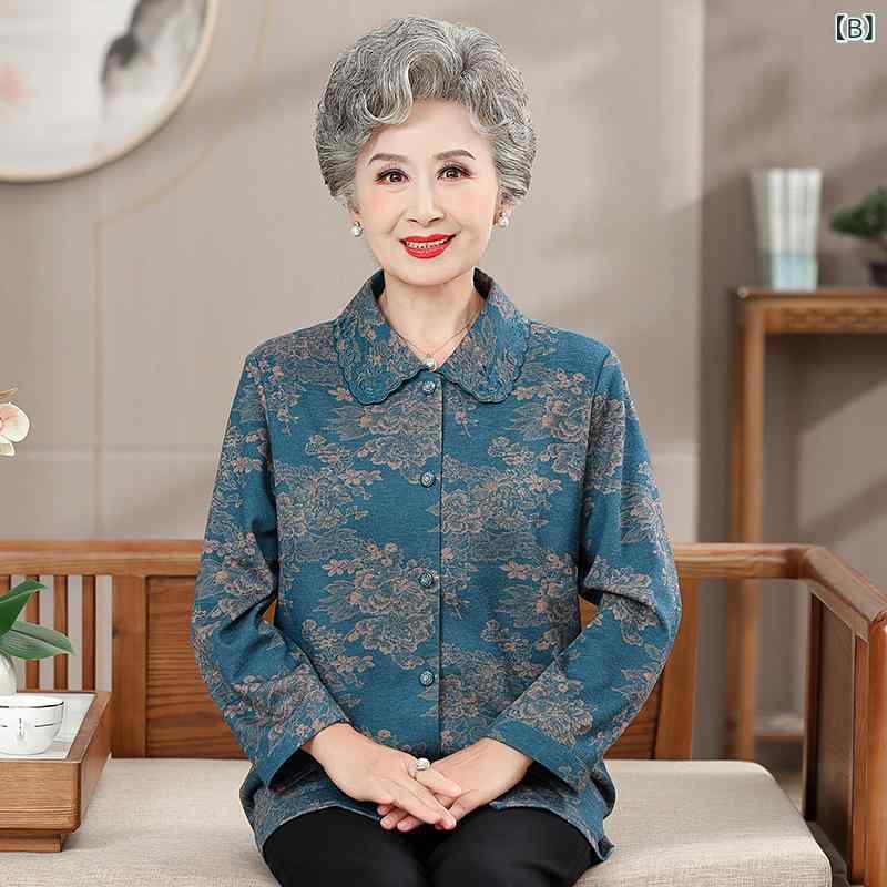 シャツ レディース 70代 シニア ミセス 祖母 長袖 薄手 襟付き 開襟 秋物 カジュアル きれいめ 通勤 トップス 羽織り ポリエステル ボタン 赤 青 ajyuri-10441242 あじゅり サンプル画像3