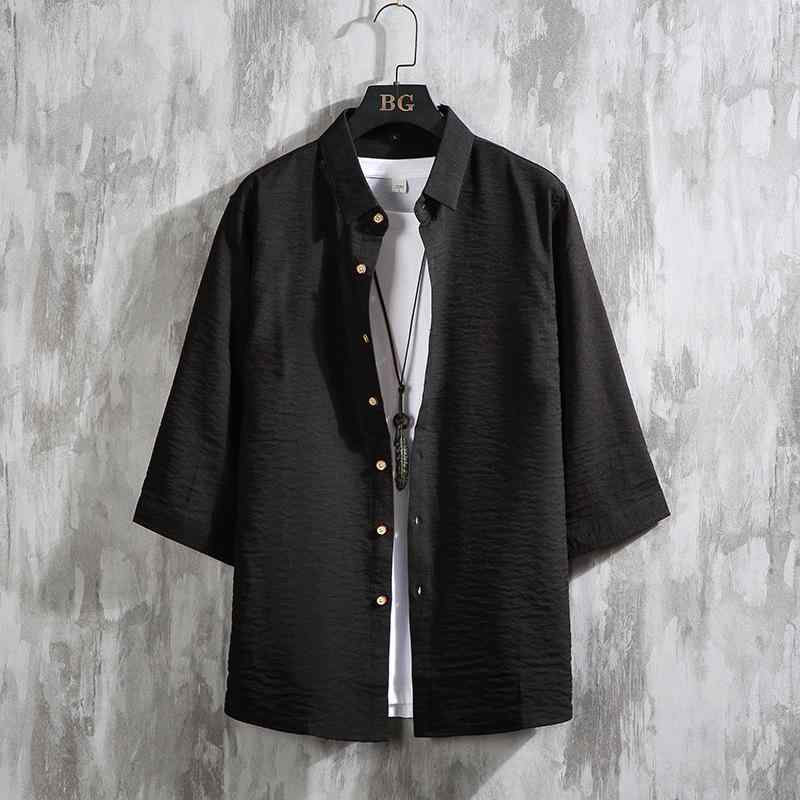 シャツ メンズ 夏 薄手 接触冷感 半袖 七分袖 麻ライク ゆったり ビッグシルエット 無地 カジュアル 開襟 大きいサイズ ポリエステル 形態安定