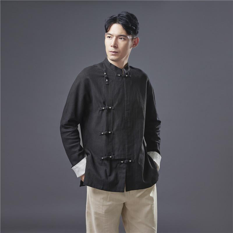 民族風 トップス 男性用 ラミー麻 バンドカラー ロールアップスリーブ シルバー飾りボタン 中華風 エスニック カジュアル 普段使い 春秋 軽量 ホワイト ブラック ネイビー