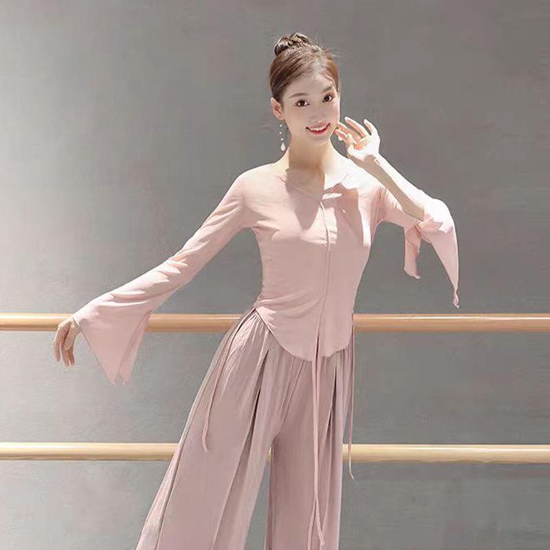 ダンスウェア レディース 中国古典舞踊 練習着 シアー トップス スラブコットン 綿 透け感 エレガント 上品 春夏 グリーン ピンク ブルー