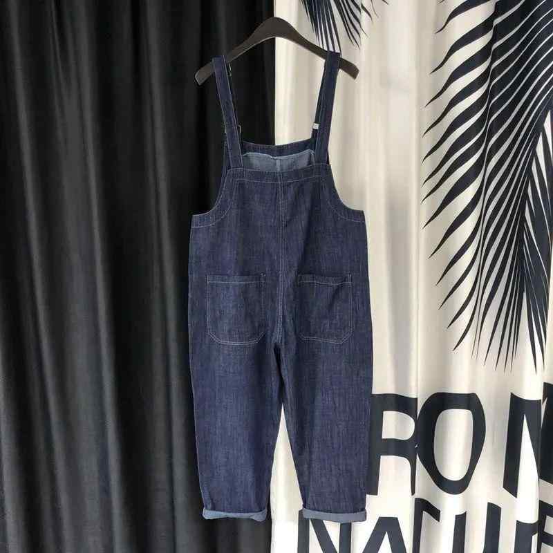 デニム オーバーオール レディース サロペット オールインワン 女性用 ゆったり ルーズ 韓国風 小柄向け 低身長 薄手 若見え 体型カバー 九分丈 クロップド丈 ダークブルー 紺 春夏