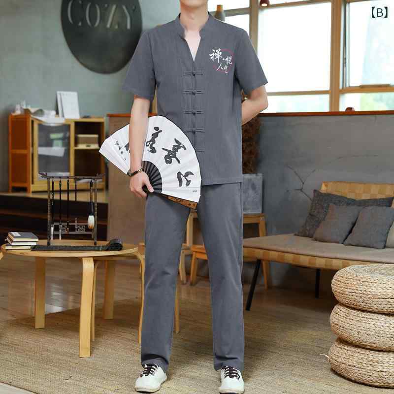 あじゅりのメンズ 男性用 セットアップ 春夏 綿麻 リネン 半袖 Tシャツ ショートパンツ チャイナ風 漢服風 ゆったり カジュアル 普段着 部屋着 ホワイト グレー ブラック カーキ｜アングル2