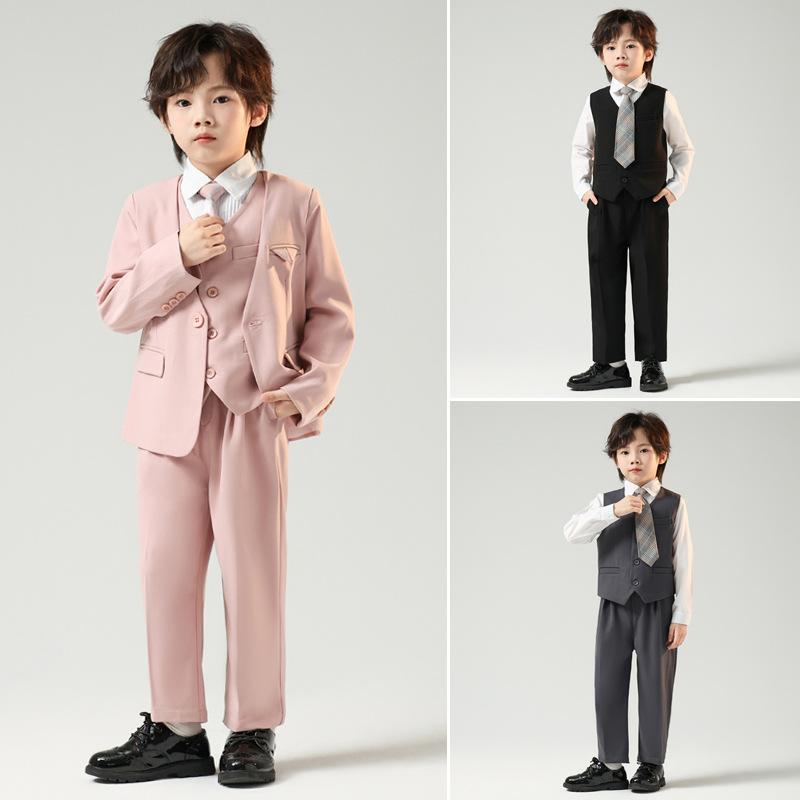 スーツ 男の子 子供服 カジュアル セットアップ ジャケット ベスト パンツ 発表会 結婚式 七五三 入学式 卒業式 セレモニー イベント Vネック シングルブレスト ソフトタッチ ポリエステル混紡 ブラック グレー ピンク カーキ