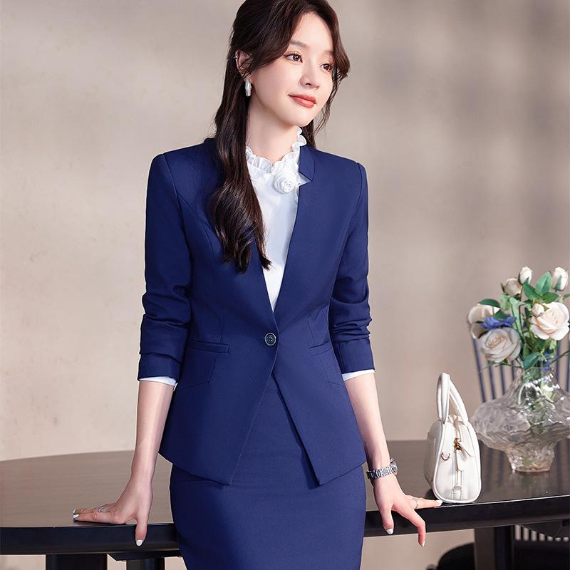 スーツ レディース 上品 エレガント ビジネス オフィス セットアップ ジャケット フォーマル 制服 事務服 受付 ワークウェア 秋冬 ポリエステル レーヨン混 ネイビー ブラック グレー