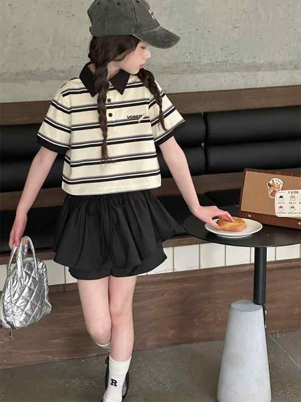 セットアップ 女の子 キッズ ガールズ 夏物 半袖 ストライプ柄 ポロトップス キュロットパンツ 2点セット 韓国風 コットン 薄手 カジュアル お出かけ 普段使い