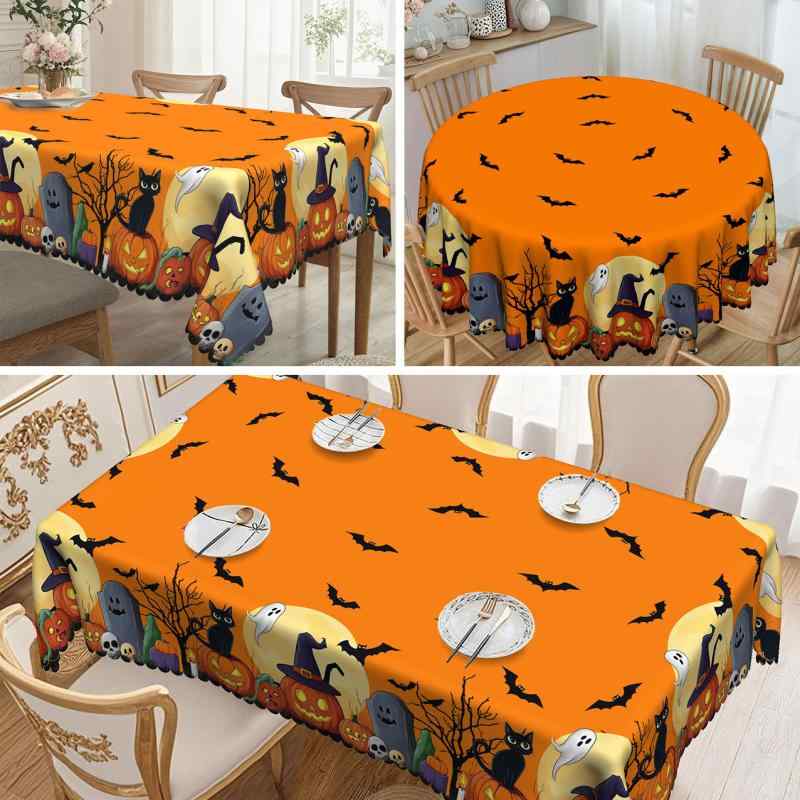 テーブルクロス ハロウィン 円形 ポリエステル製 防水 防油 墓石 黒猫 カボチャ コウモリ柄 パー ...