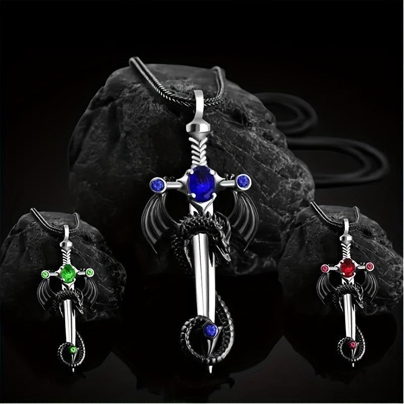 Necklaces, Pendants - ネックレス ユニセックス レトロ ヴィンテージ マルチカラー 宝石 ステンレス ドラゴン ソード モチーフ ペンダント パンク ヒップホップ ストリート ファッション アクセサリー