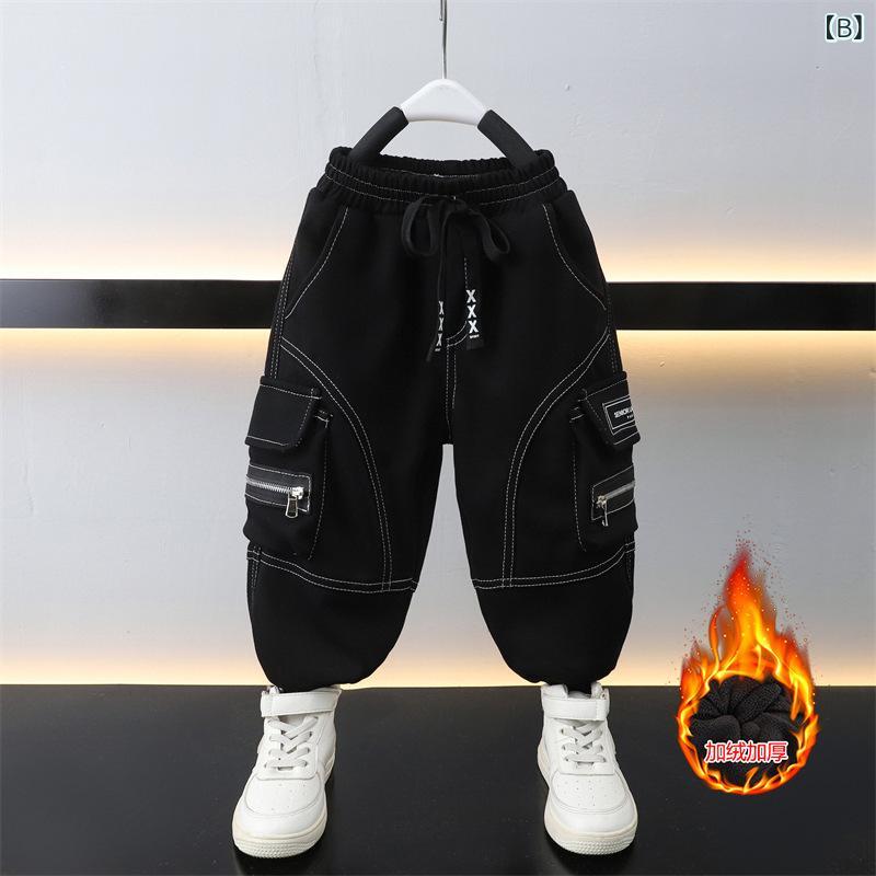 あじゅりのパンツ 男の子 ボーイズ キッズ カーゴ ワーク 裏起毛 立体ポケット コットン 綿 ロング丈 長ズボン 春秋 カジュアル おしゃれ 普段使い 通学 ブラック｜アングル3