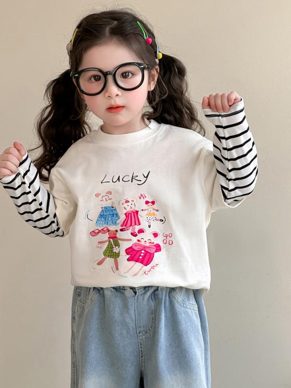 Tシャツ キッズ 女の子 重ね着風 長袖 カットソー コットン 綿混 丸首 キャラクタ...