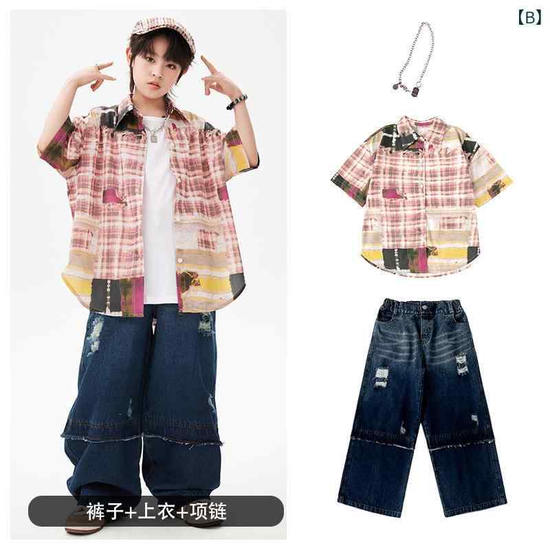 シャツ 男の子 キッズ ヒップホップ ダンス衣装 ストリートファッション 赤 レッド チェック柄 コットン トップス 子供服 発表会 ステージ衣装 カジュアル 中大童 - 3