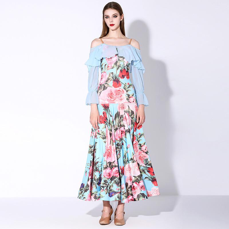 社交ダンスウェア レディース ワンピース ペイズリー柄 リゾート風 エレガント 練習着 スパンデックス素材 伸縮性抜群 ターコイズブルー