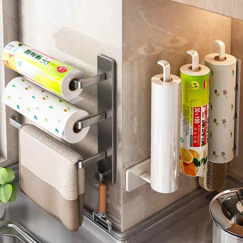 樂天商城 - キッチン収納 キッチンペーパー ホルダー ラップ ロールペーパー 布巾ハンガー 壁掛け 穴あけ不要 戸棚下 多機能 省スペース ガンメタリック