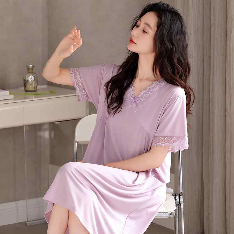 ルームウェア ワンピース レディース モダール 再生繊維 接触冷感 薄手 半袖 クルーネック ミモレ丈 マタニティ 妊婦服 部屋着 おうち時間 パジャマ 通気性 快適 外出着 春夏(4.0)