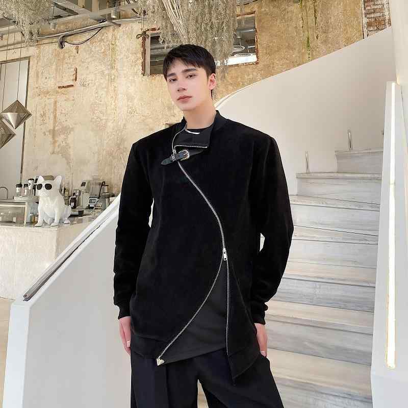 スウェット メンズ ゆったり ルーズフィット ドロップショルダー デザイン性 ベルトバックル 斜め襟 ショートスタンドカラー アシンメトリー ファスナー ポリエステル ストリート カジュアル トップス 春秋 ブラック ベージュ