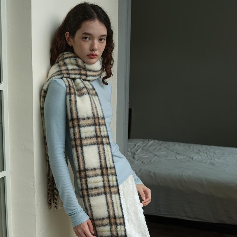 マフラー レディース 女性用 40%ウール アクリル混紡 ボーダー格子柄 ユニセックス 大判ストール ロング 柔らか ふわふわ 暖か 防寒 秋冬 フリンジ オフホワイト 暖色系 上品 エレガント 高級感 カジュアル