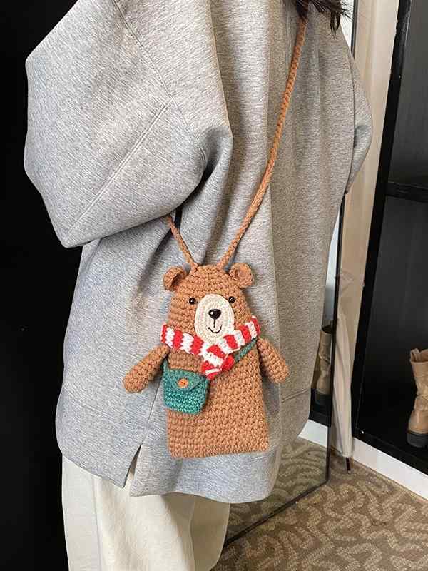 バッグ レディース キッズ かわいい マフラーくま 手編み ニット ショルダーバッグ ミニ コットン 韓国ファッション 秋冬 デイリーユース カーキ ブラウン スマホポシェット