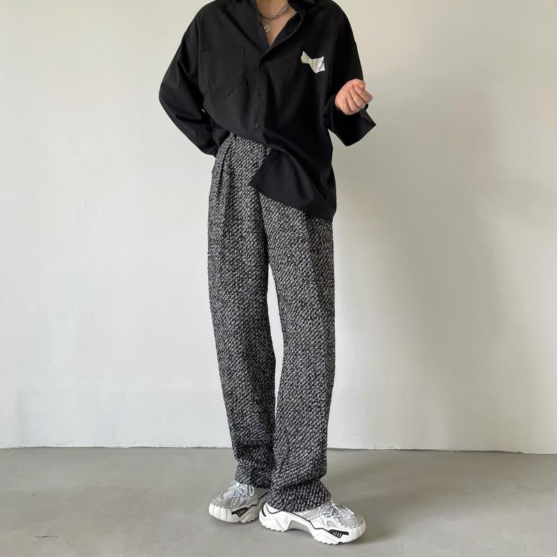 スラックス メンズ ツイード 韓国ファッション ストレート ゆったり ハイウエスト ノーアイロン ストレッチ 軽量 接触冷感 カジュアルパンツ 春夏 普段使い