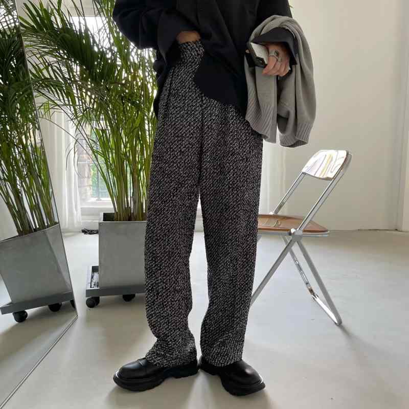 パンツ メンズ 韓国風 ツイード ストレート ゆったり リラックスフィット シワになりにくい イージーケア ストレッチ 着回し抜群 カジュアル オフィスカジュアル ラビットウール スラックス グレー