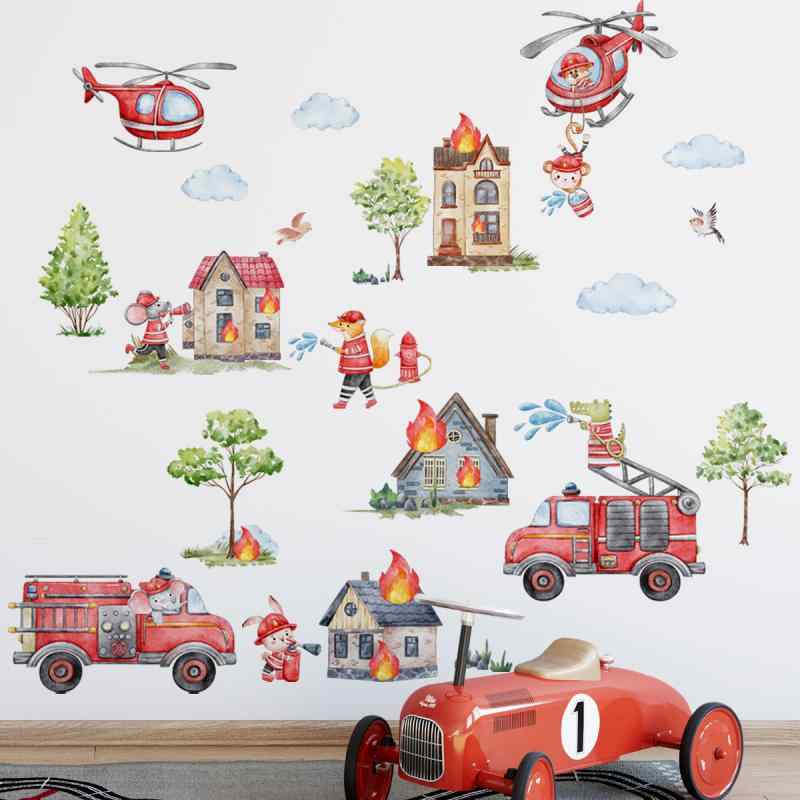 ウォールステッカー 子供部屋 幼稚園 保育園 キッズルーム キャラクター 車 消防車 レスキュー隊 救助隊 かわいい 動物柄 インテリア装飾 貼ってはがせる PVC素材 壁飾り ajyuri-10635106 あじゅり パッケージ画像