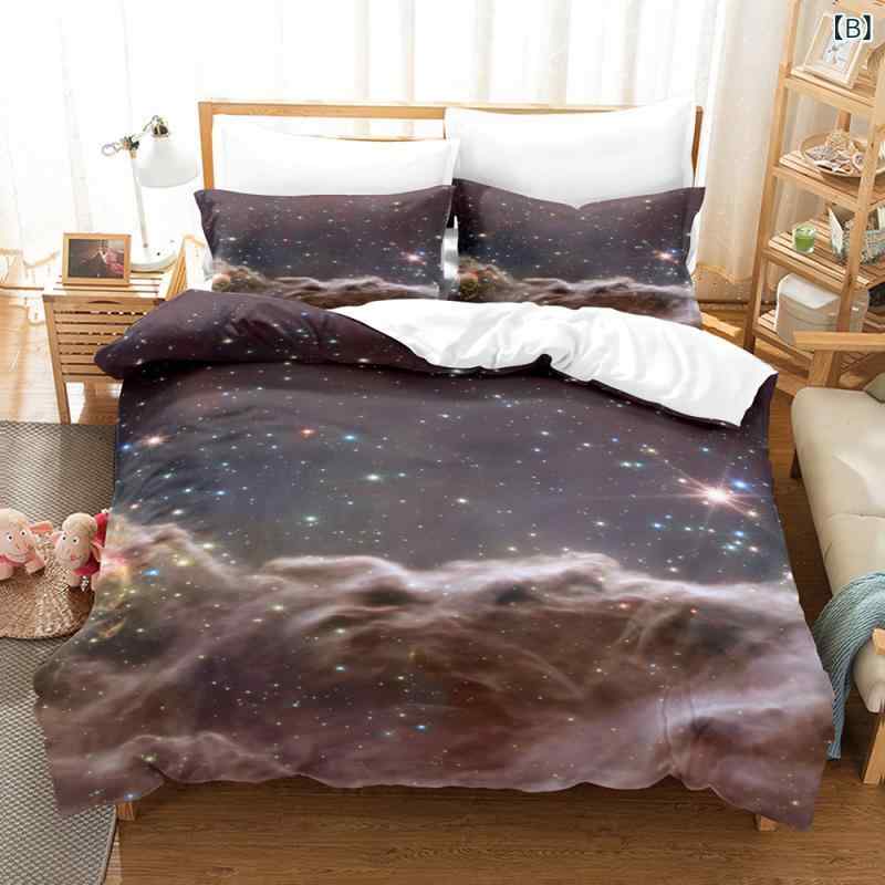 寝具 ベッドリネン 星空柄 宇宙柄 ギャラクシー デジタルプリント ベッドシーツ 掛け布団カバー 枕カバー 3点セット ポリエステル 洗濯可能 速乾 耐久性 しわになりにくい [3]