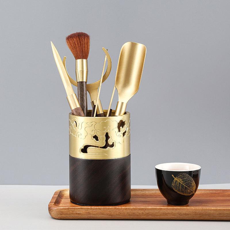 茶道具 六君子セット 高級感 黄銅 黒檀 木製 新中式スタイル 茶器用品 喫茶道具 お茶淹れ 茶道用 養壺筆 茶刀 茶匙