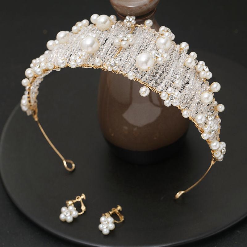 ヘッドドレス レディース 花嫁 結婚式 ウェディング ティアラ クラウン 人工ビーズ クリスタル ヘアアクセサリー セット フォーマル ドレス 披露宴 前撮り 撮影 発表会 パーティー イベント 高級感 上品 華やか 金色