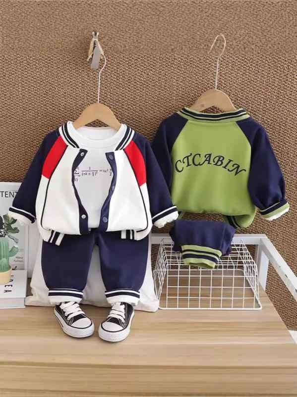 セットアップ 男の子 ベビー 春秋 スポーツウェア ベースボール 野球服 3点セット 長袖 長ズボン 切り替え カジュアル 綿 コットン 肌触り良い アルファベット柄 ストライプ ロゴプリント お出かけ キッズ