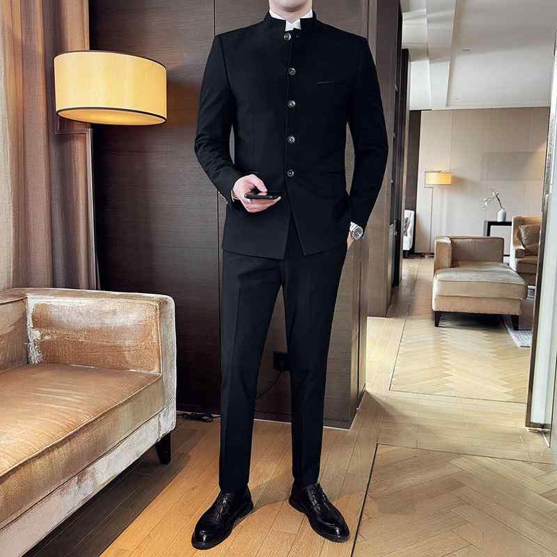 乐天商城 - スーツ メンズ 中山服 セットアップ ジャケット パンツ ツーピース 秋冬 クラシック レトロ フォーマル ビジネス カジュアル オフィス スリムフィット スタンドカラー 再生繊維混紡 ブラック グレー